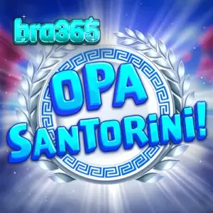 Cenário ensolarado de Santorini com casas brancas e azuis no jogo Opa Santorini!
